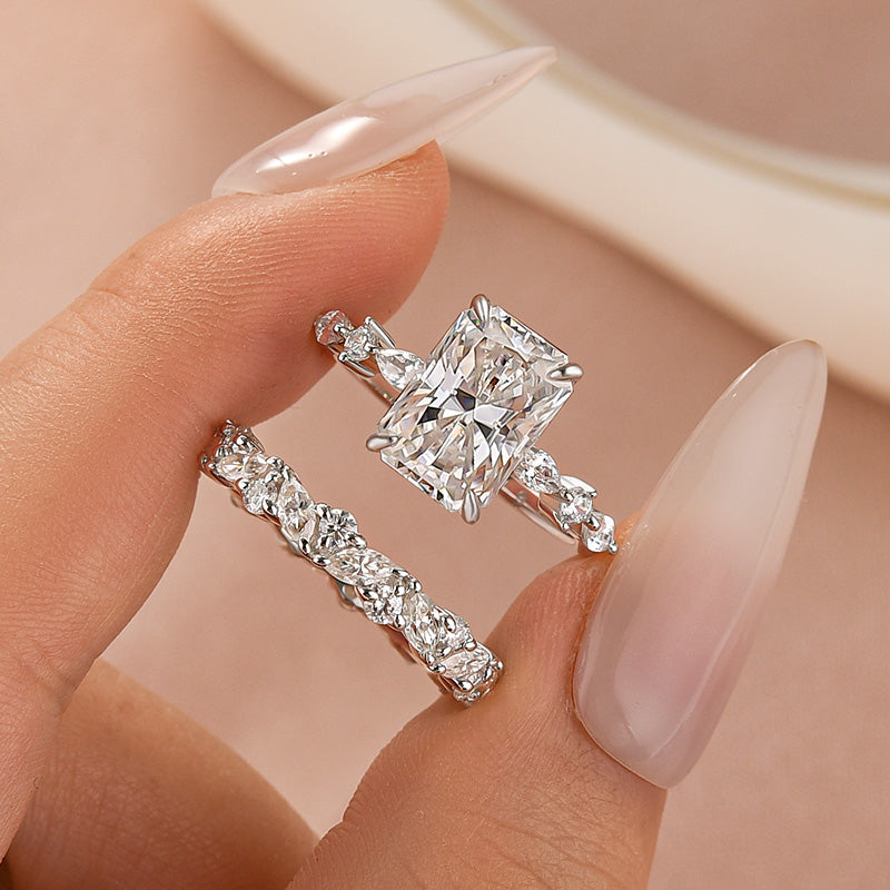 Luna Moissanite 4.0 Ct Radiant Cut Side Stone 2-Pc Wedding Ring Set In Sterling Silver