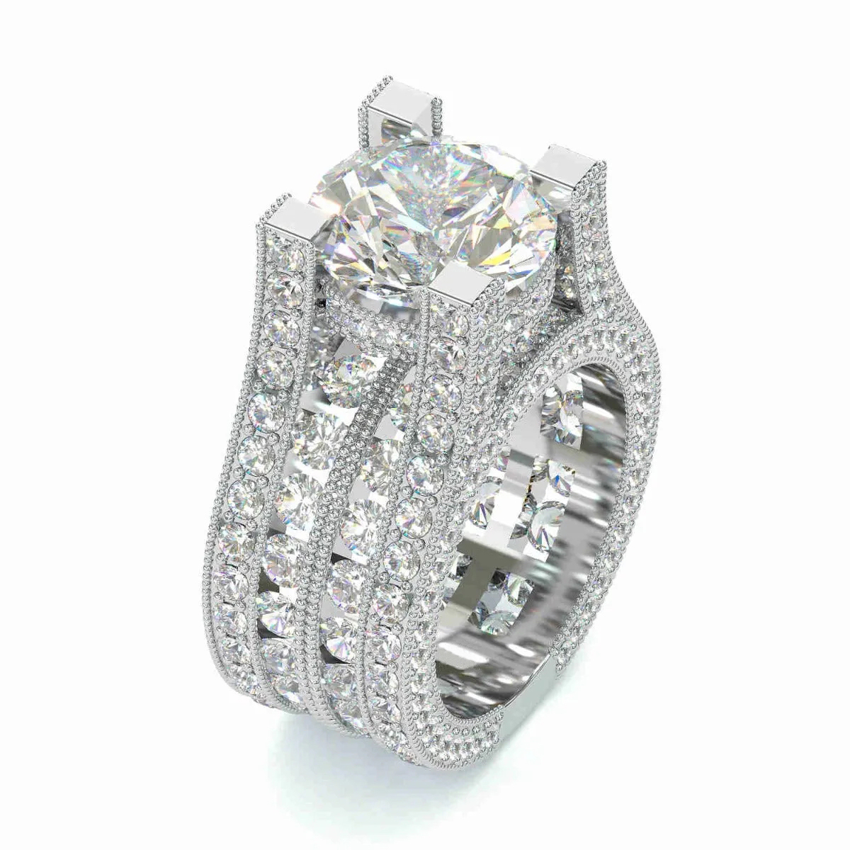 Luna Moissanite 3.0 Ct Round Cut Luxury Setting Wide Band Engagement Ring In Sterling Silver