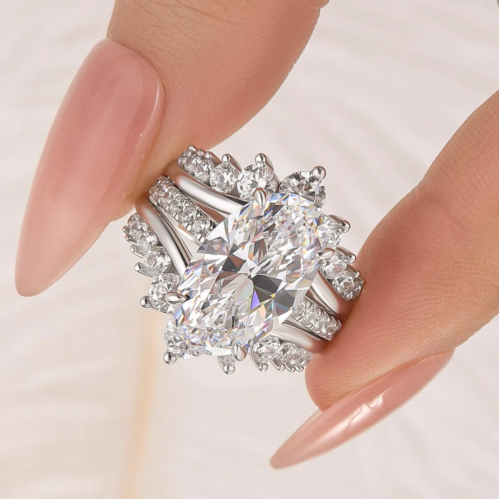 4Ct Oval Cut Insert Wedding Ring Set with Crown Shaped Engagement Ring Enhancer in Sterling Silver