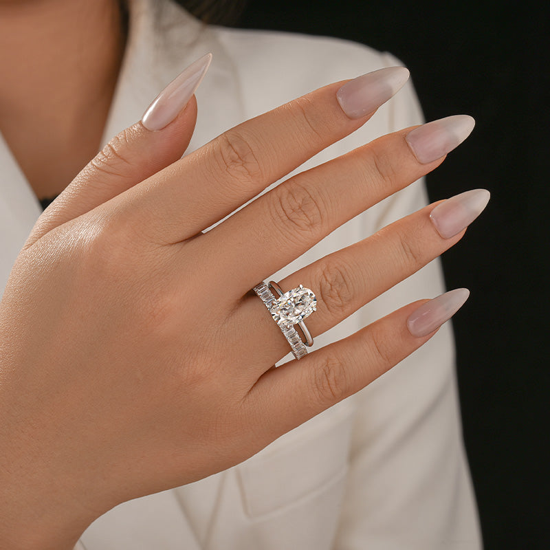 Luna Moissanite 4.0 Ct Oval Cut Solitaire 2-Pc Wedding Ring Set In Sterling Silver with Emerald Cut Wedding Band