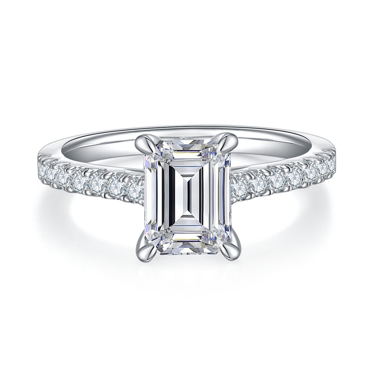 2Ct Moissanite Emerald Cut Delicate Pave Engagement Ring in Sterling Silver-Sterling Silver-lornajewelry