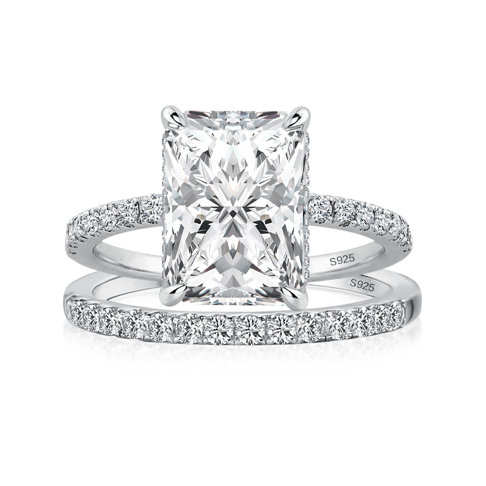 Luna Moissanite 2.0 Ct ～ 4.0 Ct Radiant Cut Classic 2-Pc Wedding Ring Set In Sterling Silver