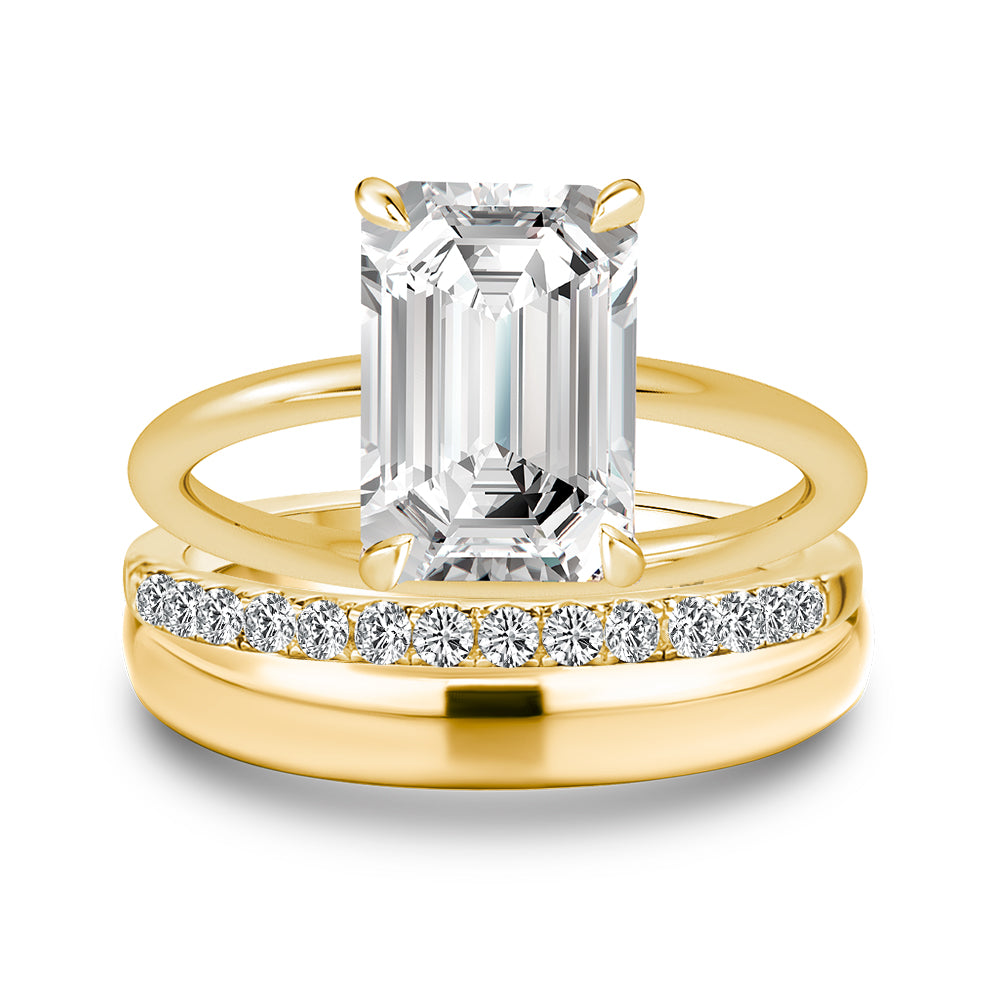 Luna Moissanite 4.0 Ct Emerald Cut Solitaire 3-Pc Wedding Ring Set In Sterling Silver With Wide Band