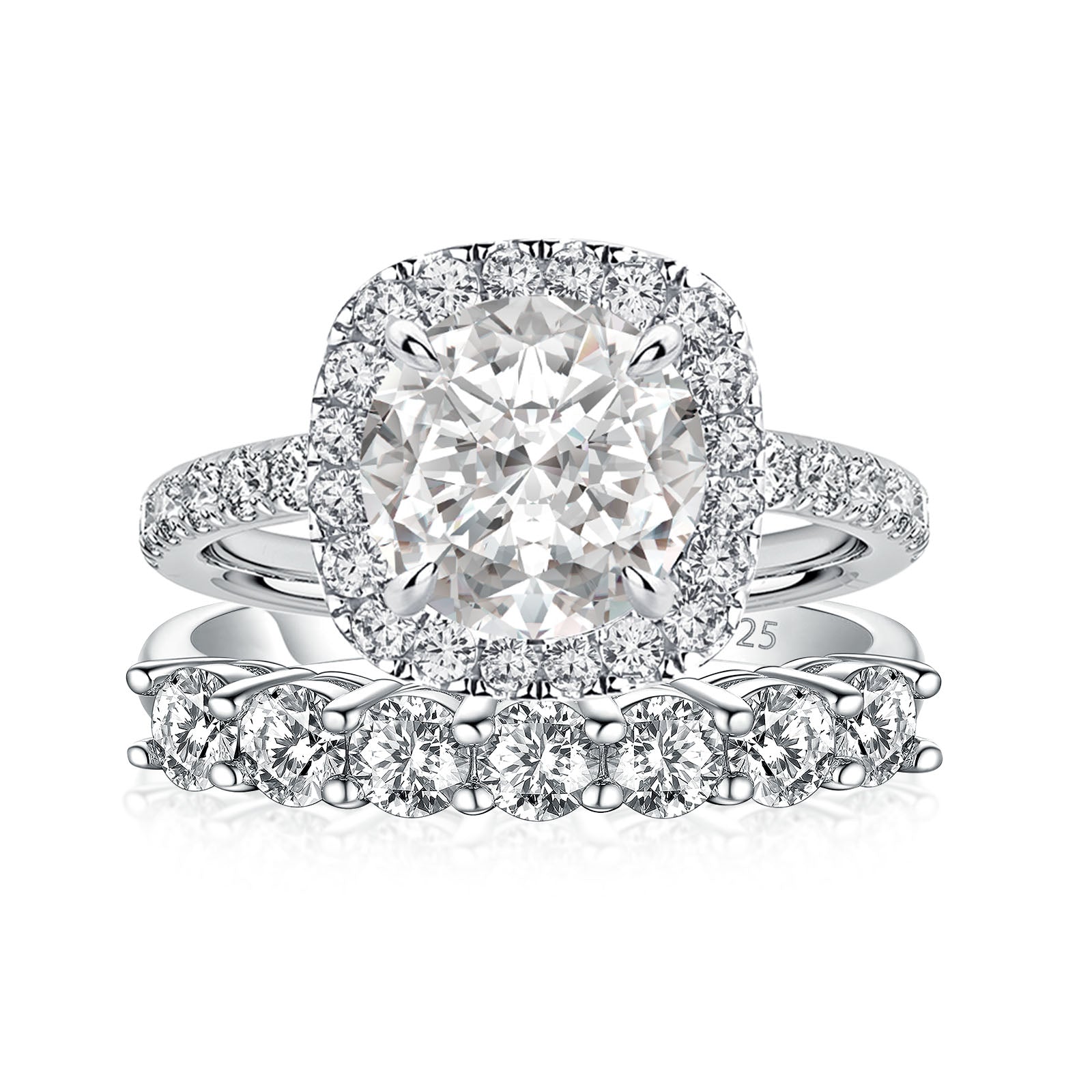 Luna Moissanite 2.0 Ct Round Cut Halo 2-Pc Wedding Ring Set In Sterling Silver with 7-Stone Band