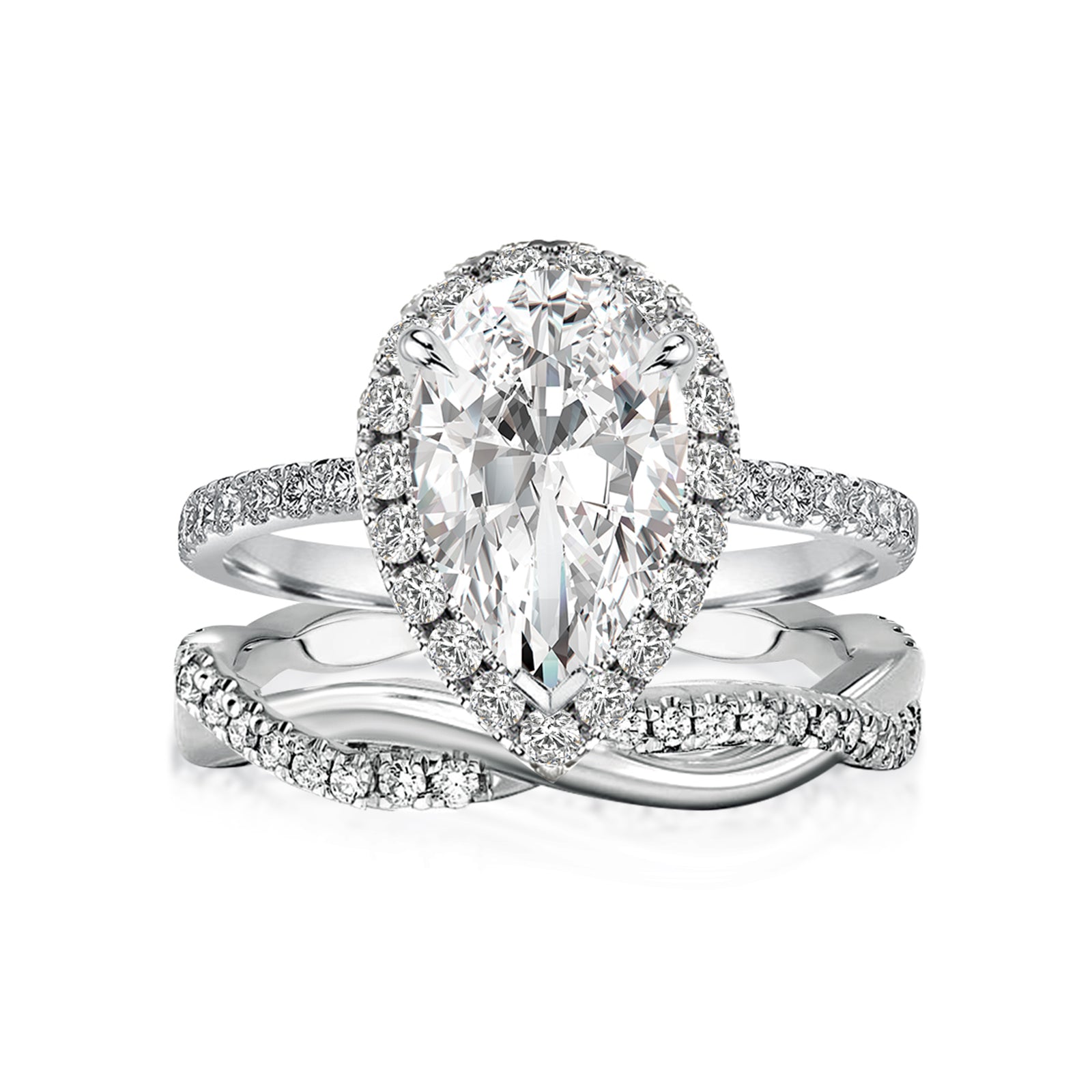 Luna Moissanite 3.0 Ct Pear Cut Halo Pave 2-Pc Wedding Ring Set In Sterling Silver With Twist Band