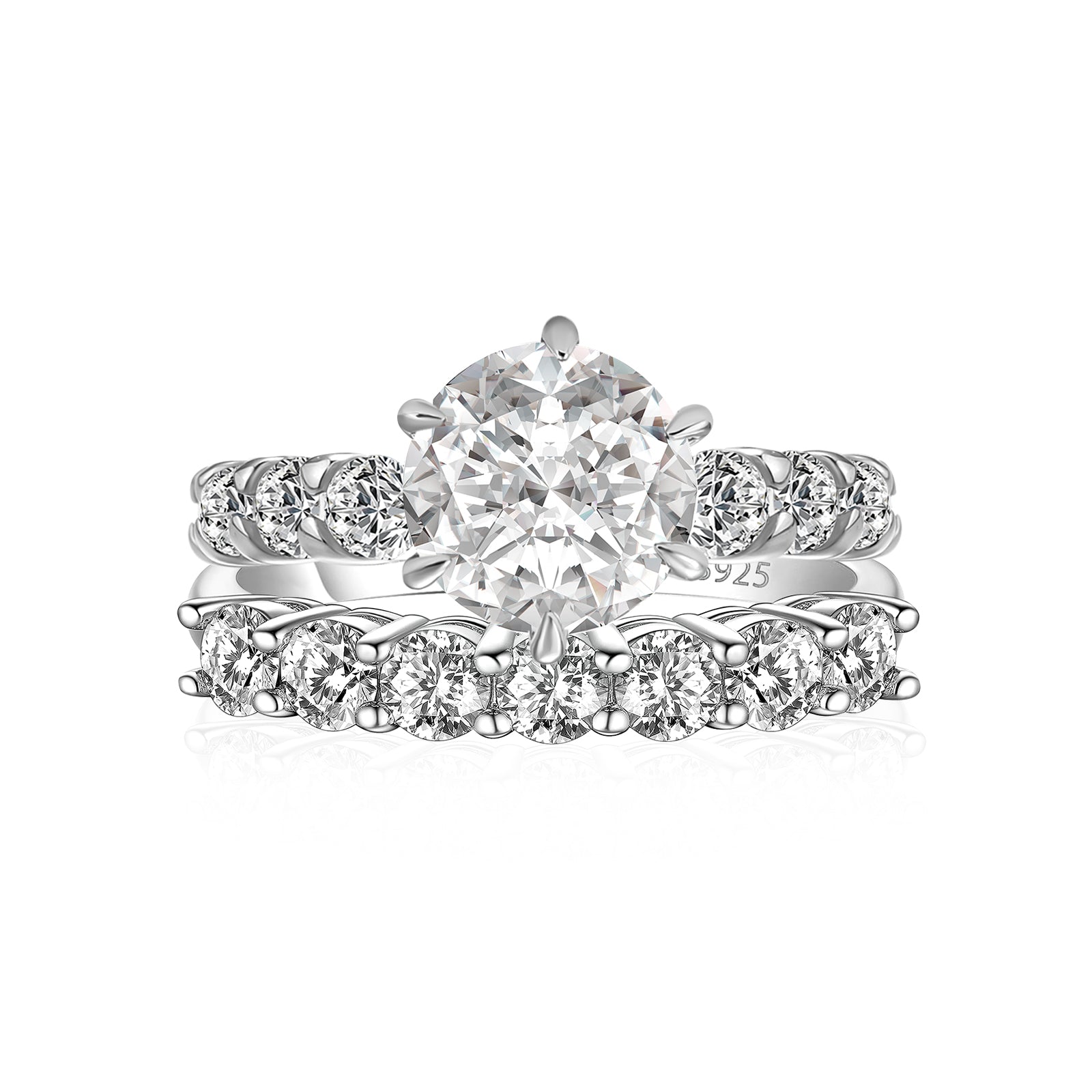 Luna Moissanite 3.0 Ct Round Cut 2-Pc Wedding Ring Set In Sterling Silver With 7-Stone Band