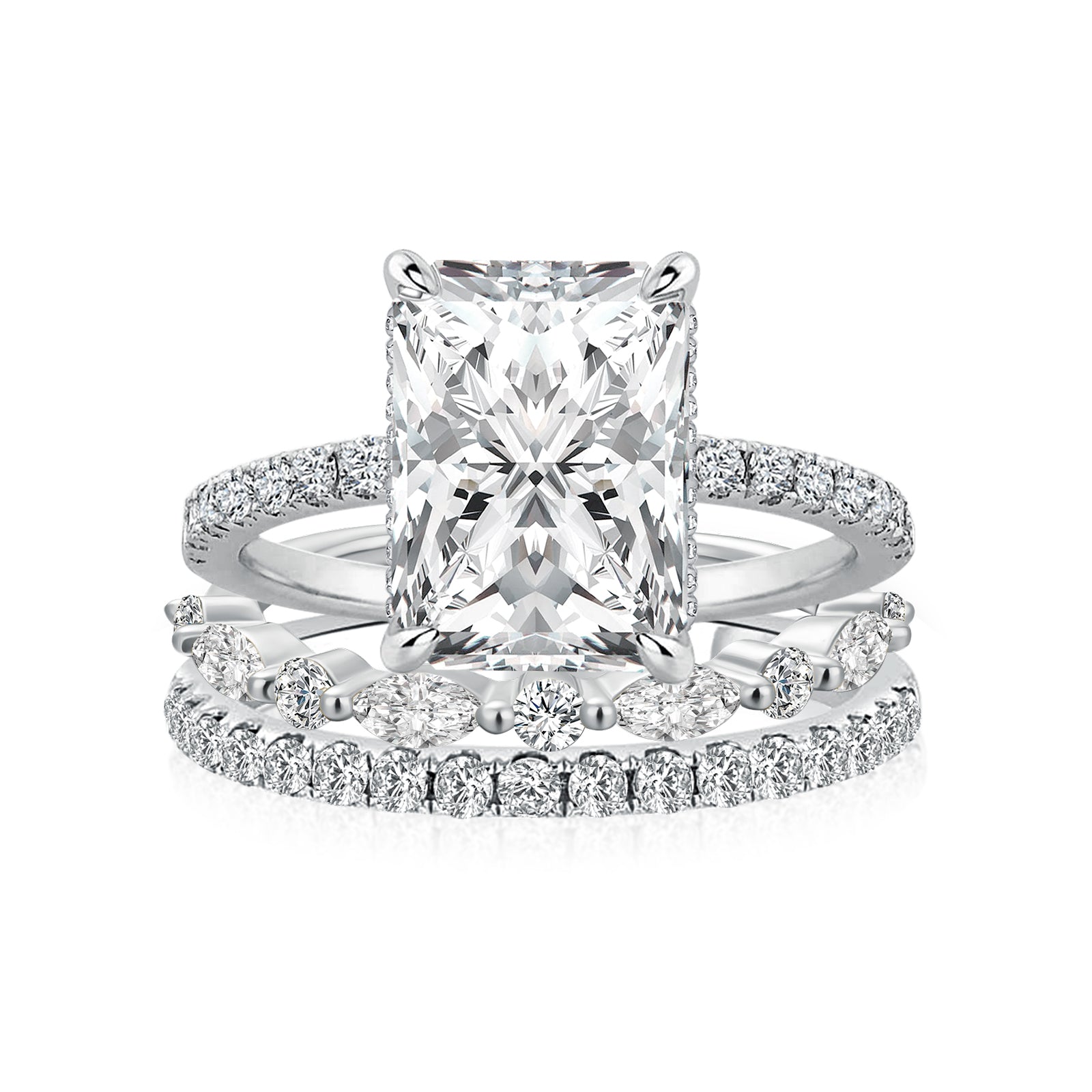 Luna Moissanite 2.5 Ct Radiant Cut 3-Pc Wedding Ring Set In Sterling Silver