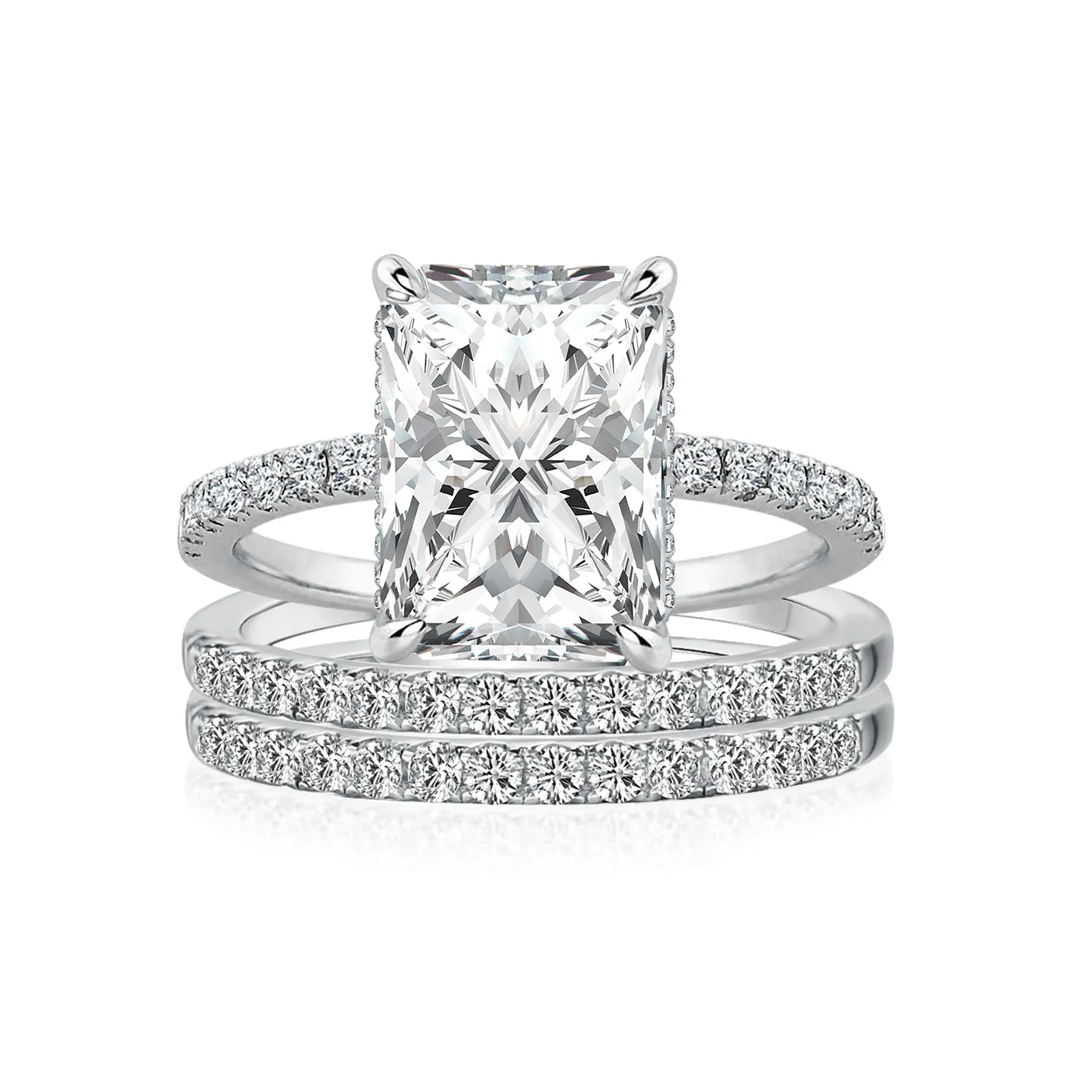 Luna Moissanite 2.0 Ct ～ 4.0 Ct Radiant Cut Classic 3-Pc Wedding Ring Set In Sterling Silver