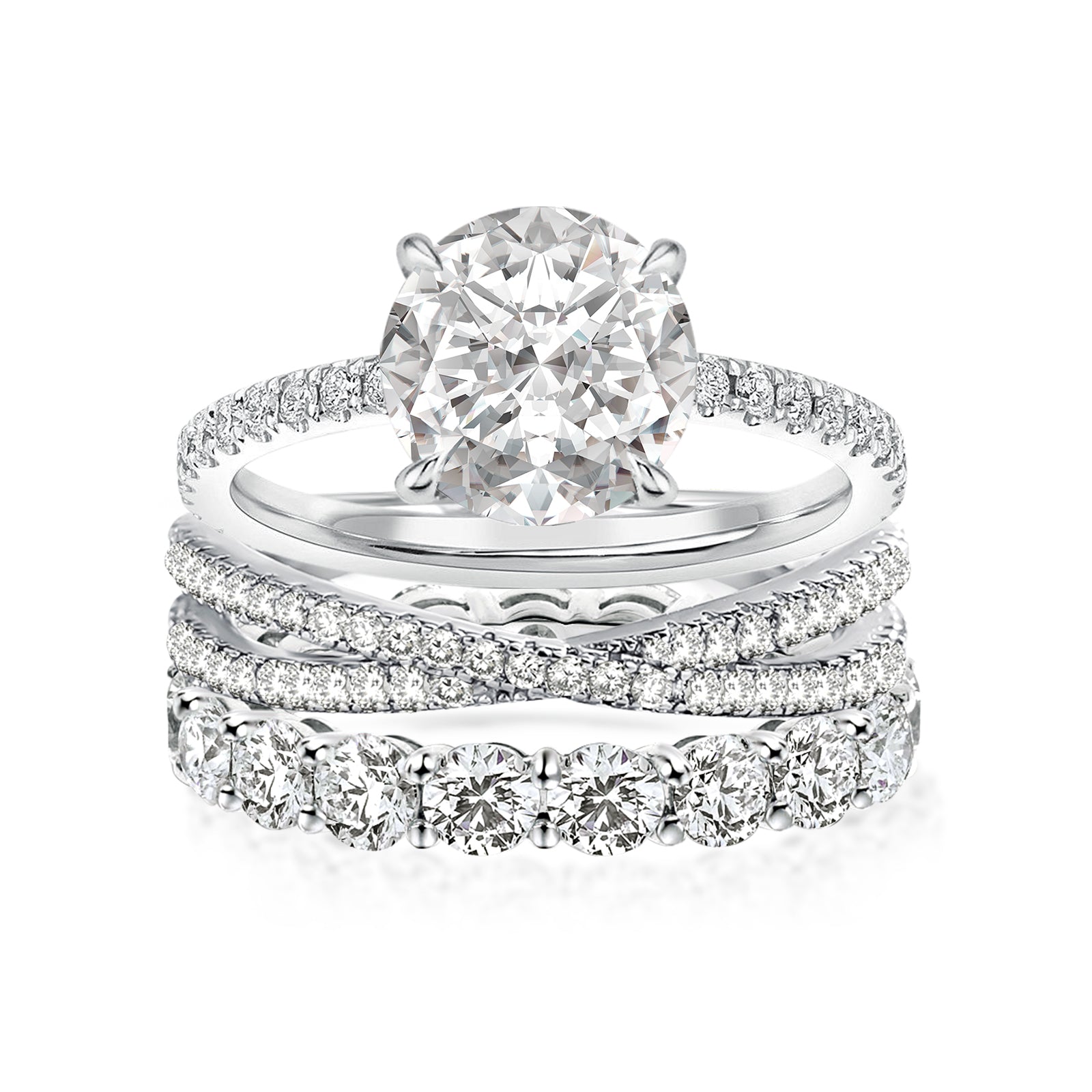 Luna Moissanite 2.0 Ct Round Cut 3-Pc Wedding Ring Set In Sterling Silver