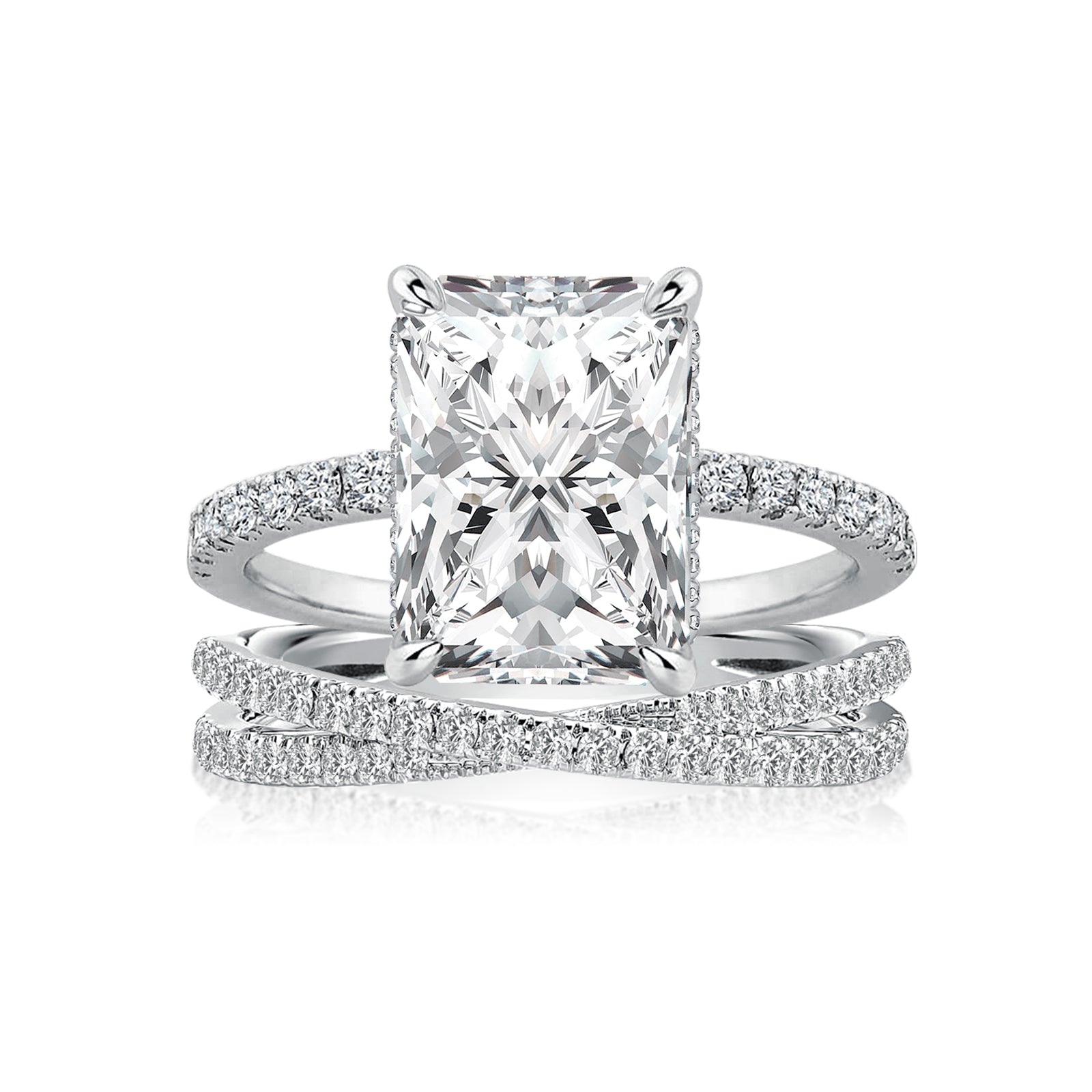Luna Moissanite 2.0 Ct ～ 4.0 Ct Radiant Cut 2-Pc Wedding Ring Set In Sterling Silver With Criss Cross Band