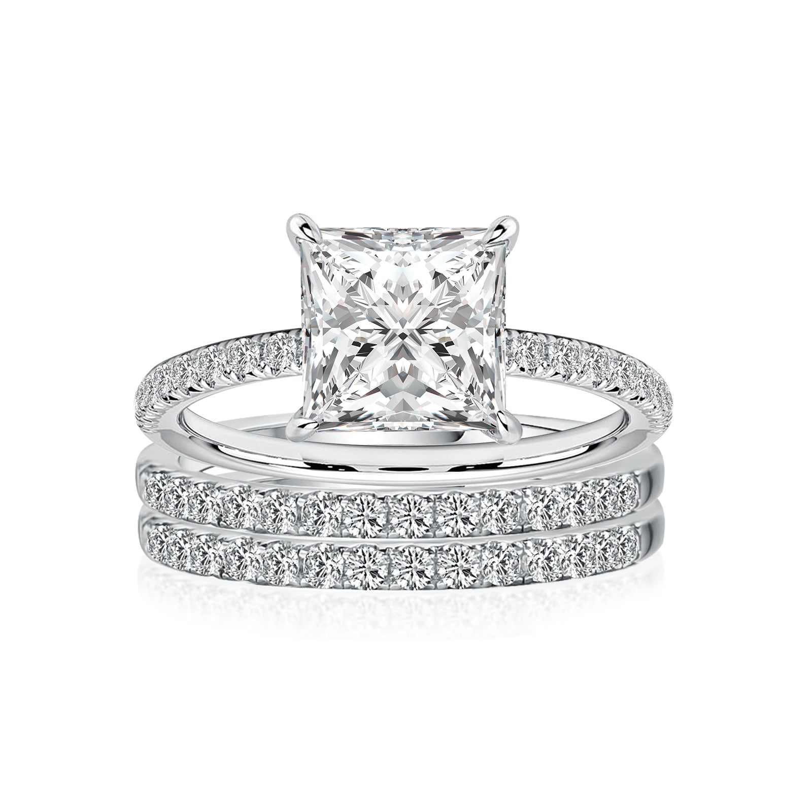 Luna Moissanite 2.0 Ct Princess Cut Classic 3-Pc Wedding Ring Set In Sterling Silver