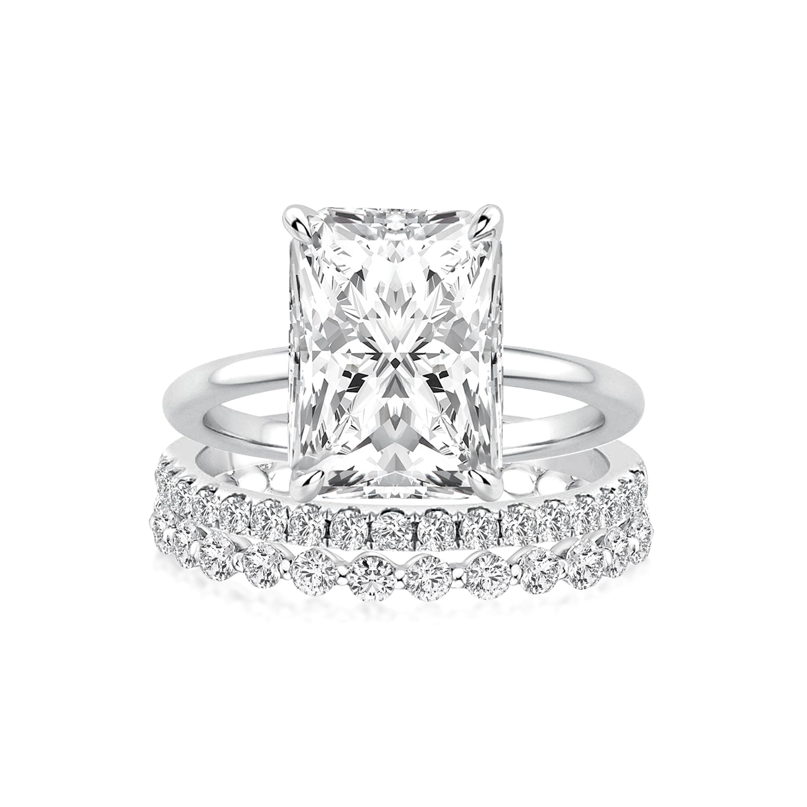 Luna Moissanite 4.0 Ct Radiant Cut Solitaire 3-Pc Wedding Ring Set In Sterling Silver