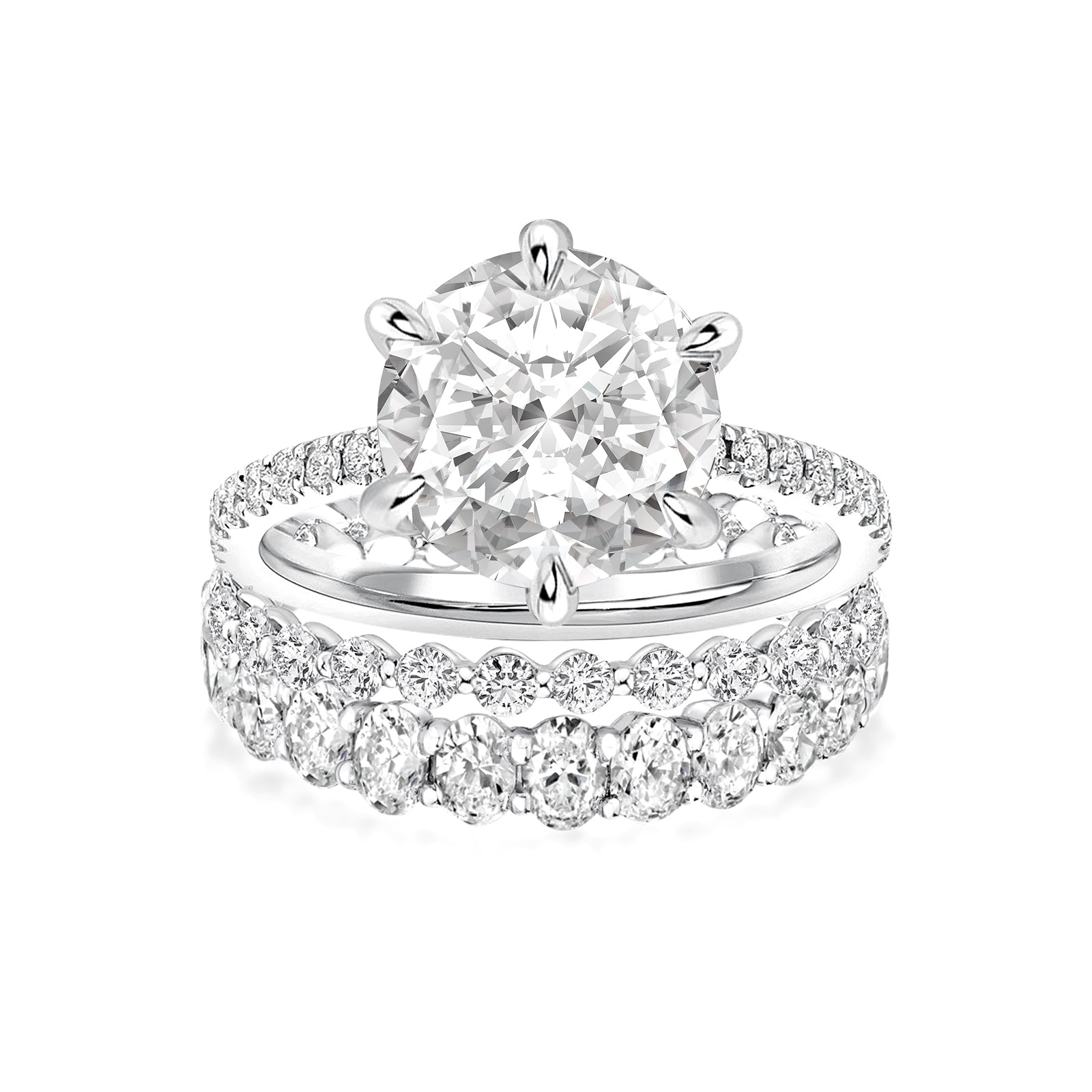 Luna Moissanite 3.0 Ct Round Cut 6-Prong Pave 3-Pc Wedding Ring Set In Sterling Silver