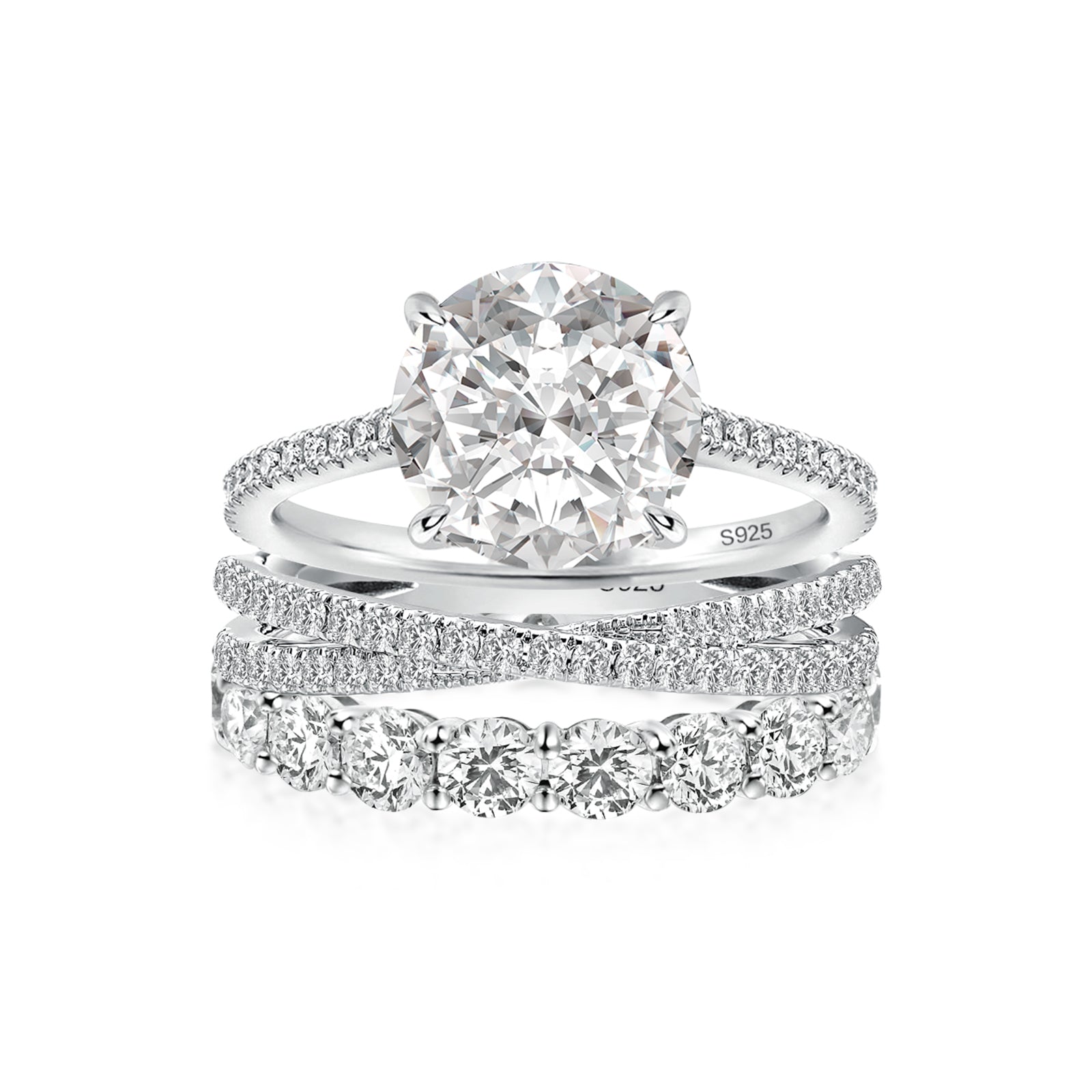 Luna Moissanite 4.0 Ct Round Cut 3-Pc Wedding Ring Set In Sterling Silver