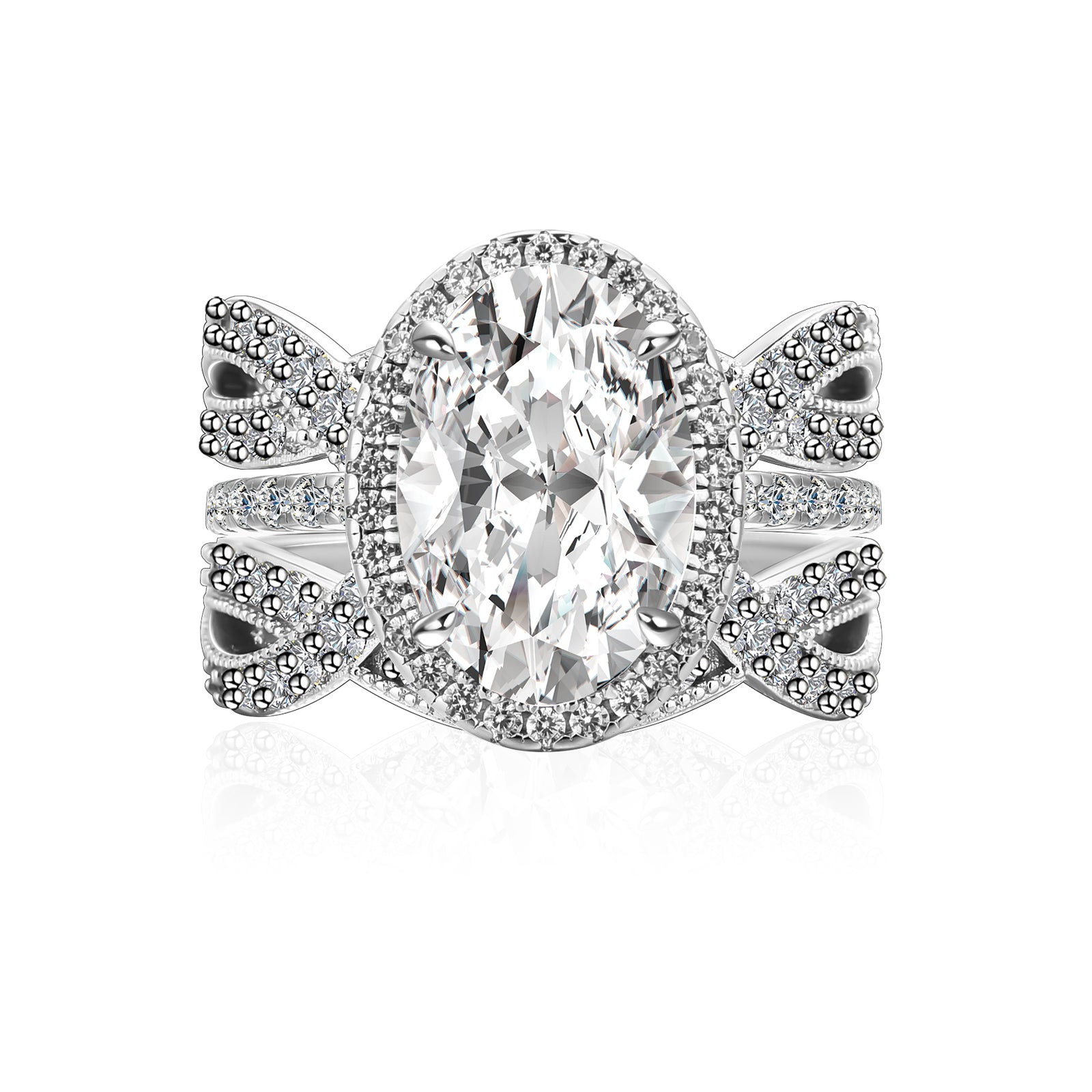 Luna Moissanite 3.0 Ct Round Cut Halo 2-Pc Wedding Ring Set In Sterling Silver With Enhancer Band