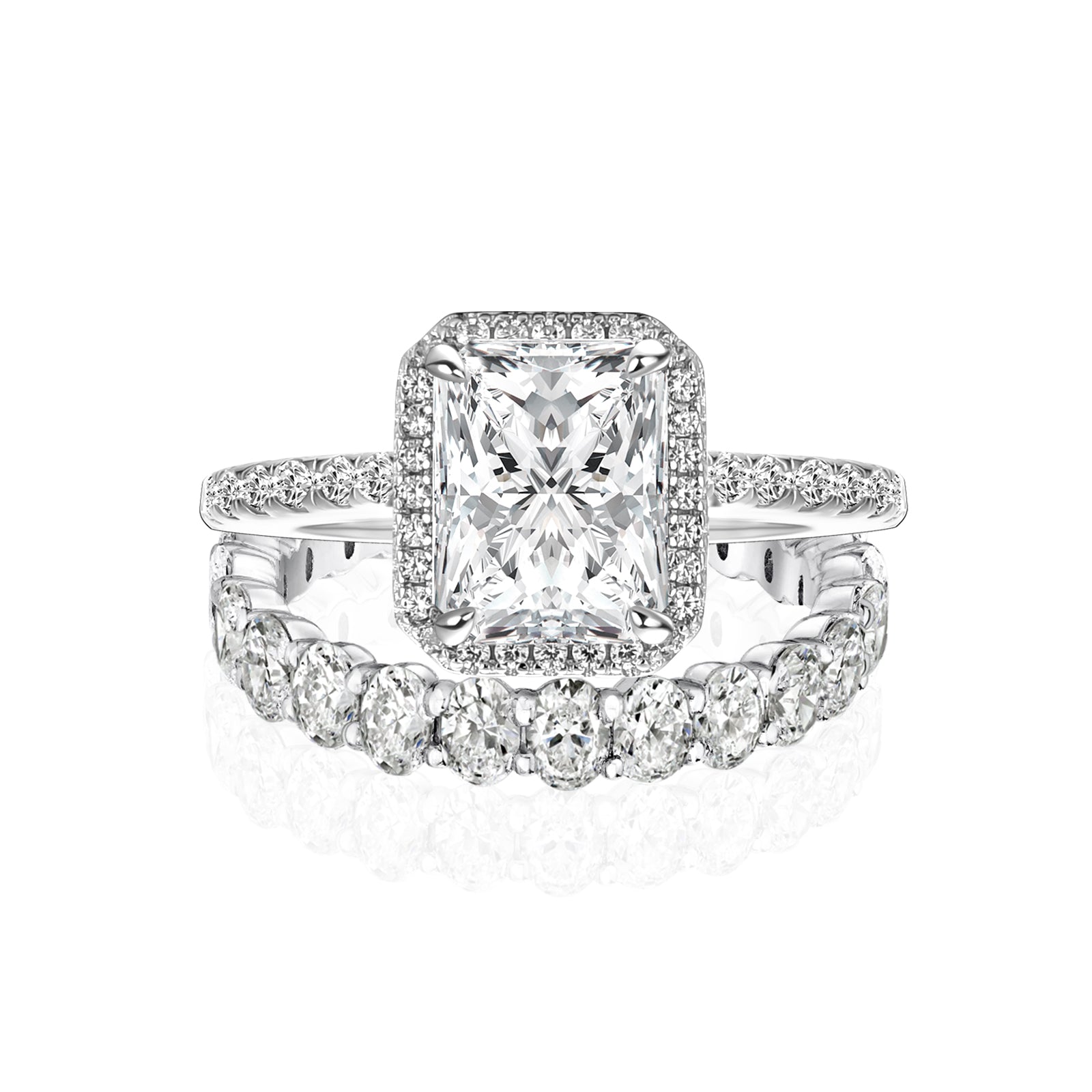 Luna Moissanite 2.0 Ct ～ 4.0 Ct Radiant Cut Halo 2-Pc Wedding Ring Set In Sterling Silver With Oval Cut Band