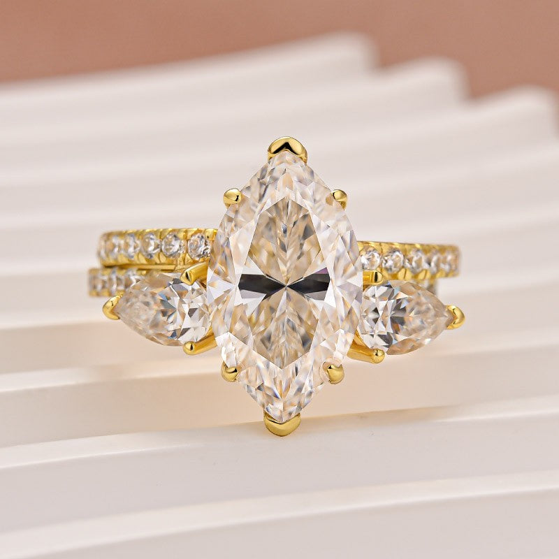 Luna Moissanite 4.0 Ct Marquise Cut Insert 2-Pc Wedding Ring Set In Sterling Silver
