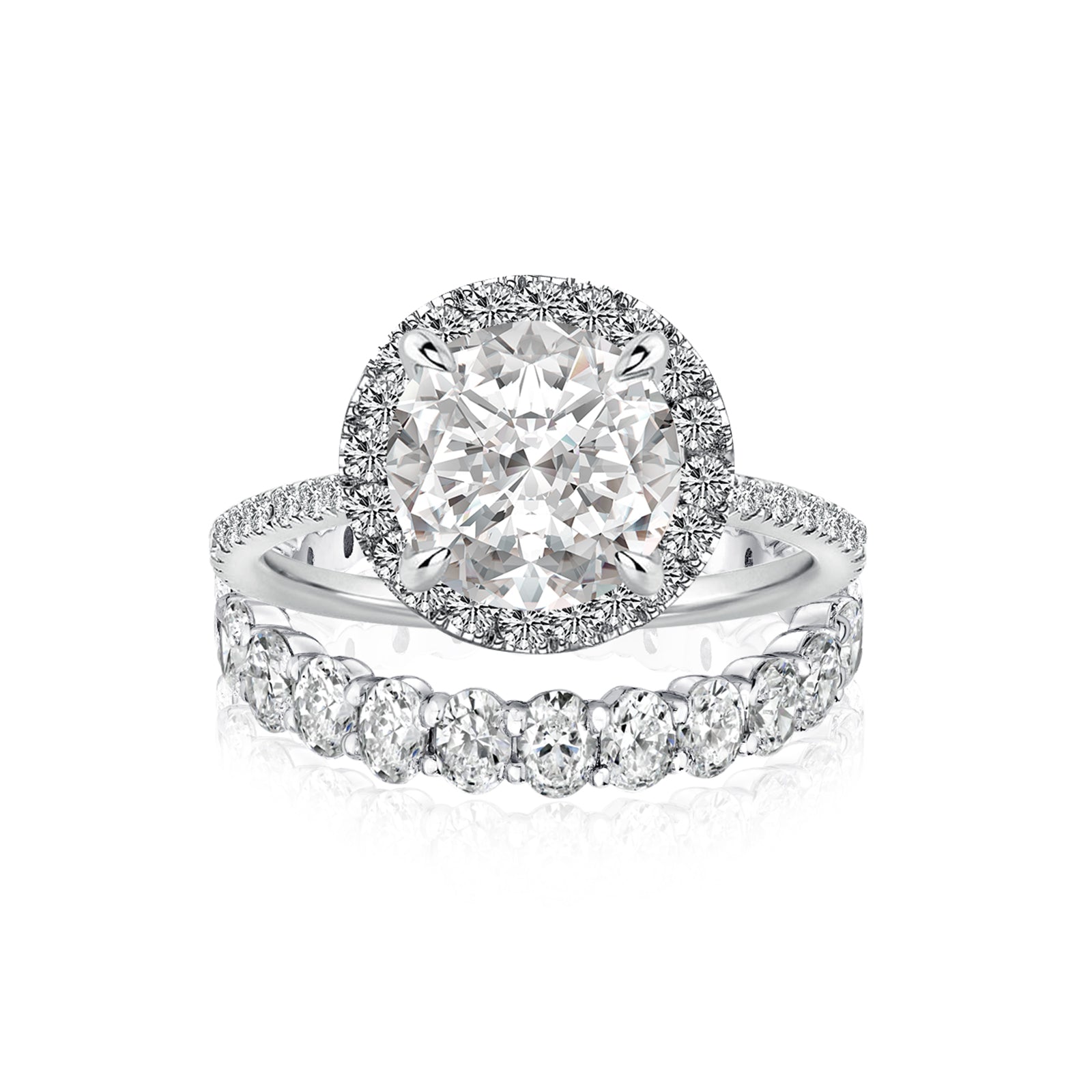 Luna Moissanite 2.0 Ct ～ 6.0 Ct Round Cut Halo 2-Pc Wedding Ring Set In Sterling Silver with Oval Cut Band