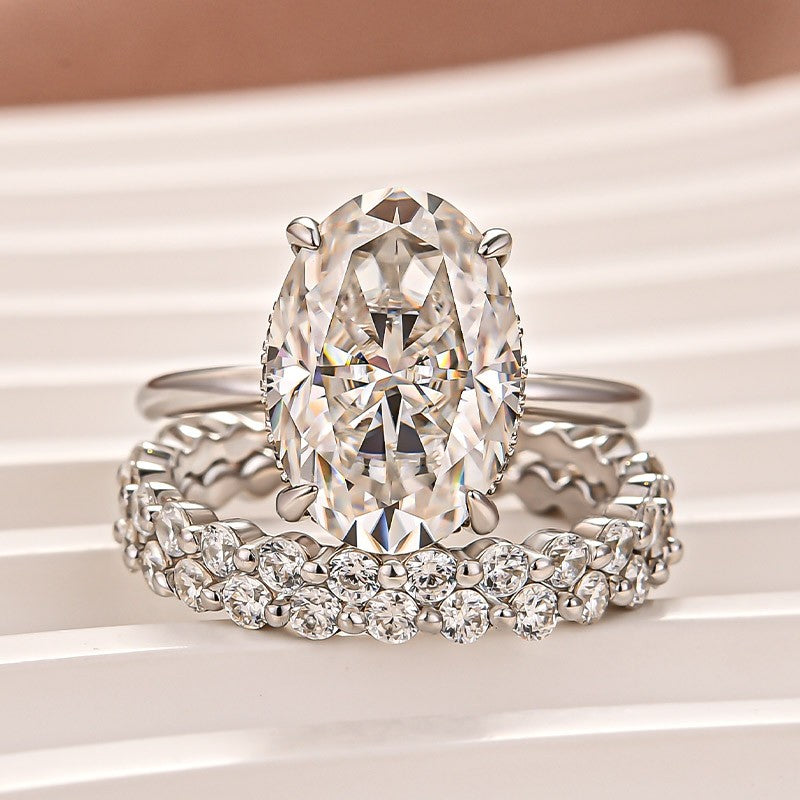 Luna Moissanite 4.0 Ct Oval Cut Solitaire 3-Pc Wedding Ring Set In Sterling Silver