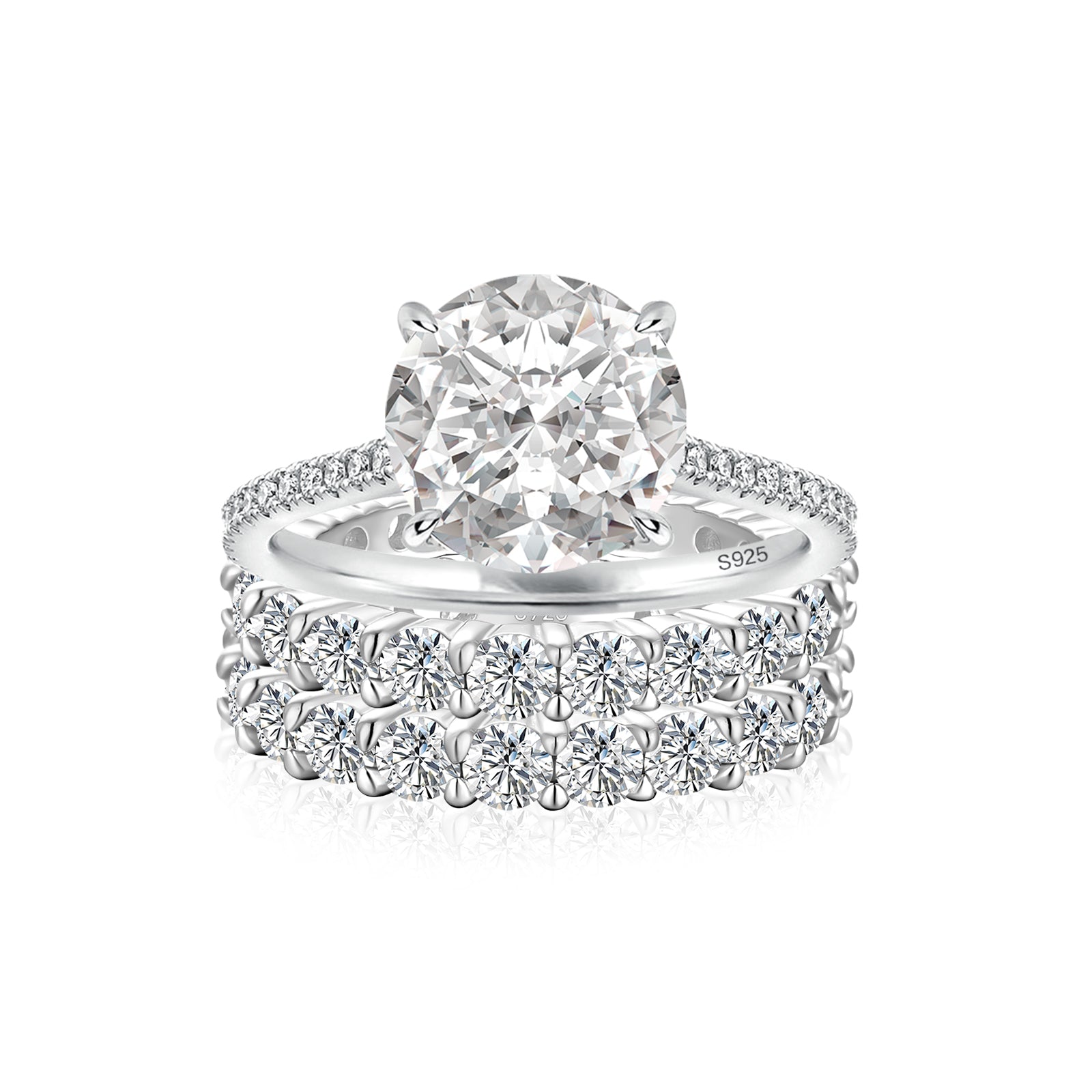 Luna Moissanite 4.0 Ct Round Cut 3-Pc Wedding Ring Set In Sterling Silver