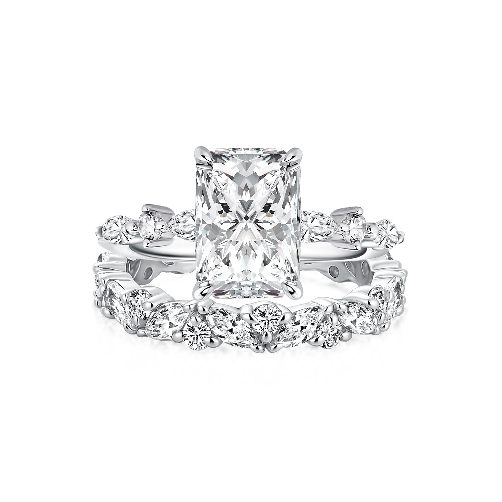 Luna Moissanite 4.0 Ct Radiant Cut Side Stone 2-Pc Wedding Ring Set In Sterling Silver
