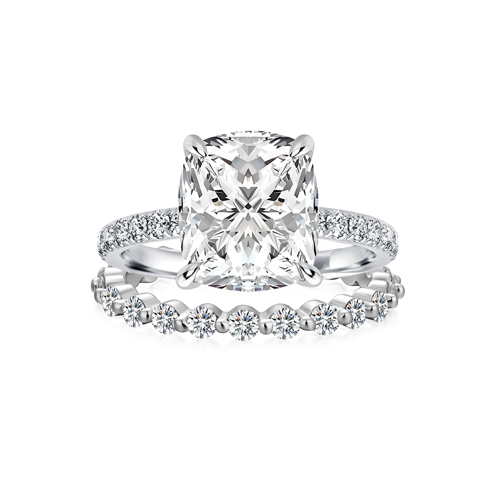 Luna Moissanite 3.5 Ct Cushion Cut Pave 2-Pc Wedding Ring Set In Sterling Silver