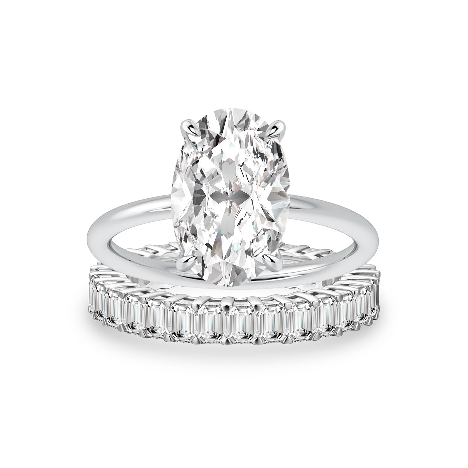 Luna Moissanite 4.0 Ct Oval Cut Solitaire 2-Pc Wedding Ring Set In Sterling Silver with Emerald Cut Wedding Band