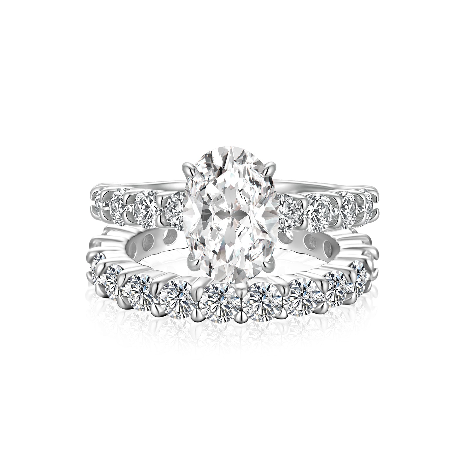 Luna Moissanite 2.0 Ct Oval Cut Side Stone 2-Pc Wedding Ring Set In Sterling Silver