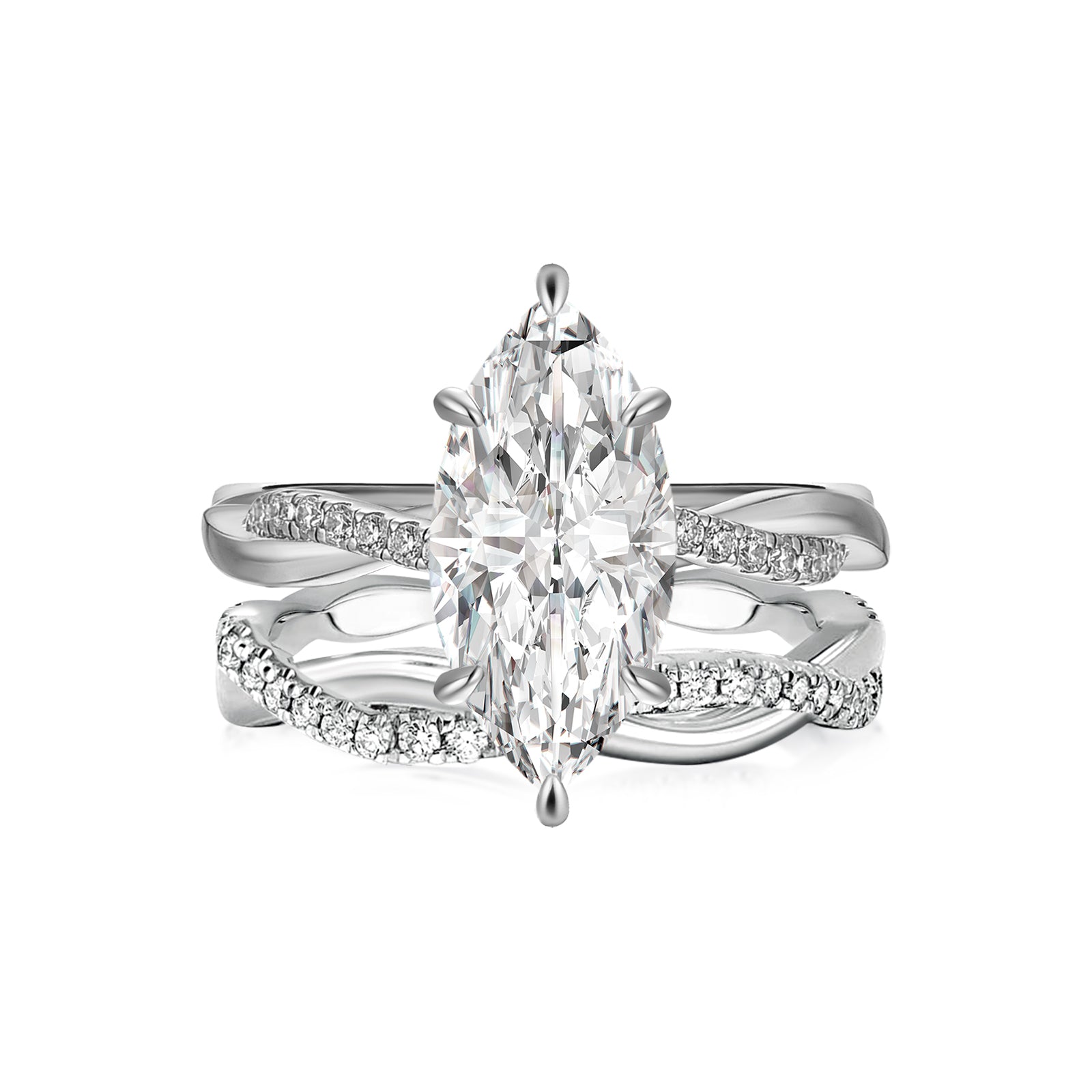 Luna Moissanite 2.0 Ct ～ 3.0 Ct Marquise Cut Twist 2-Pc Wedding Ring Set In Sterling Silver