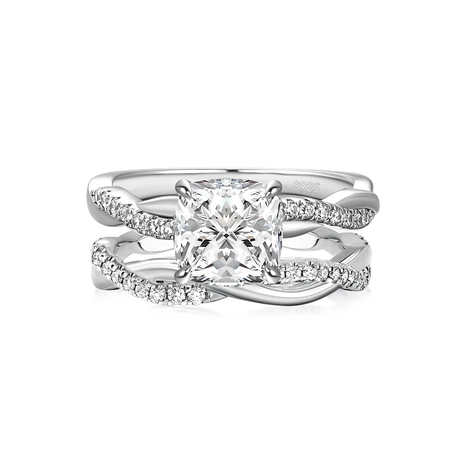 Luna Moissanite 2.0 Ct ～ 5.0 Ct Cushion Cut Twist 2-Pc Wedding Ring Set In Sterling Silver