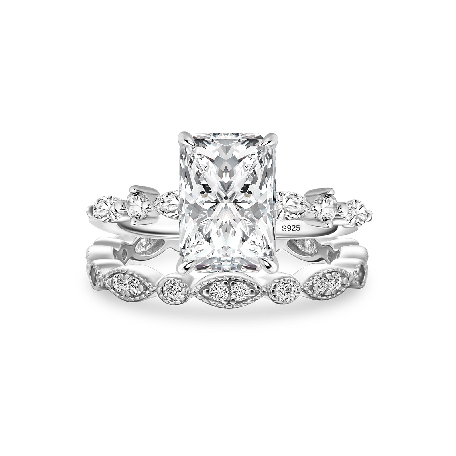 Luna Moissanite 4.0 Ct Radiant Cut Side Stone 2-Pc Wedding Ring Set In Sterling Silver