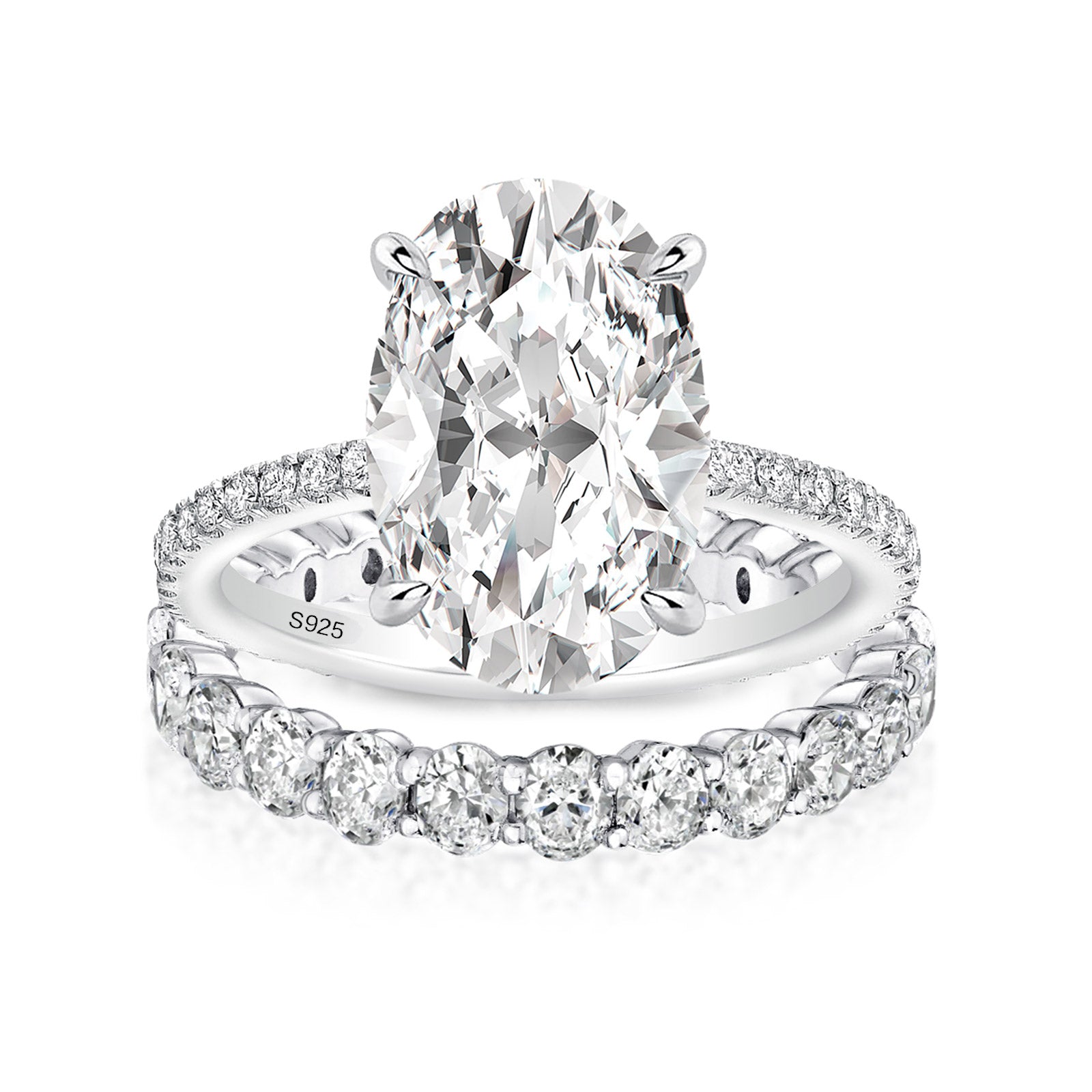 Luna Moissanite 4.0 Ct Oval Cut Pave 3-Pc Wedding Ring Set In Sterling Silver With Oval Cut Band