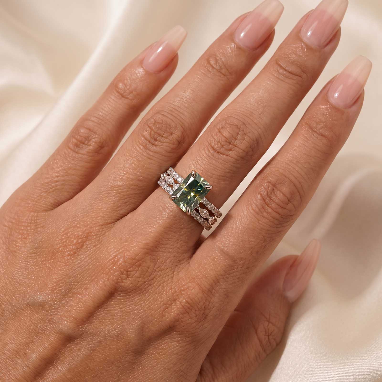 Luna Moissanite 2.5 Ct Radiant Cut Green 3-Pc Wedding Ring Set In Sterling Silver