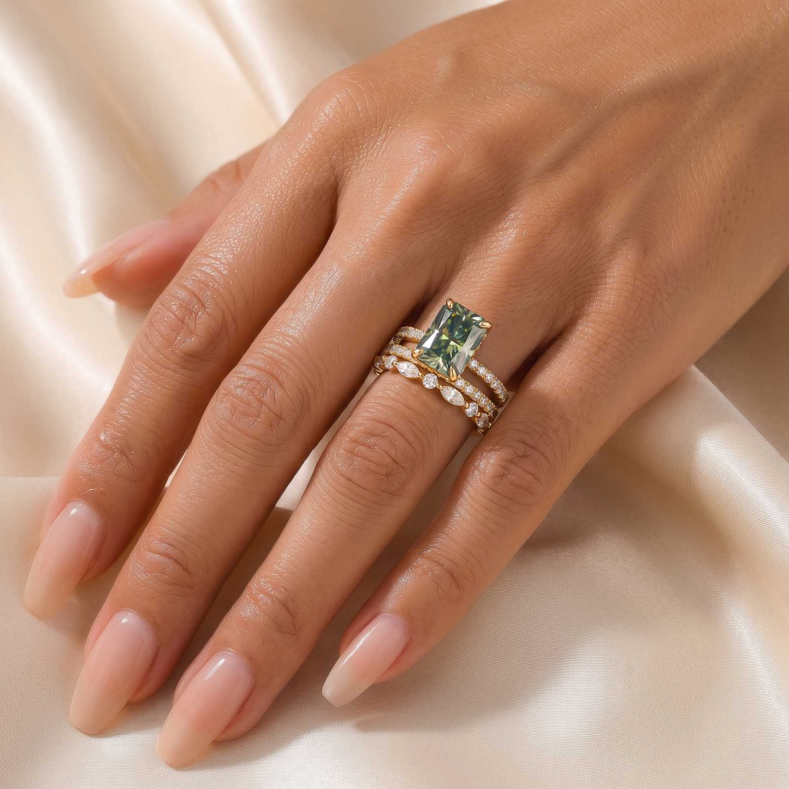Luna Moissanite 2.5 Ct Radiant Cut Green 3-Pc Wedding Ring Set In Sterling Silver