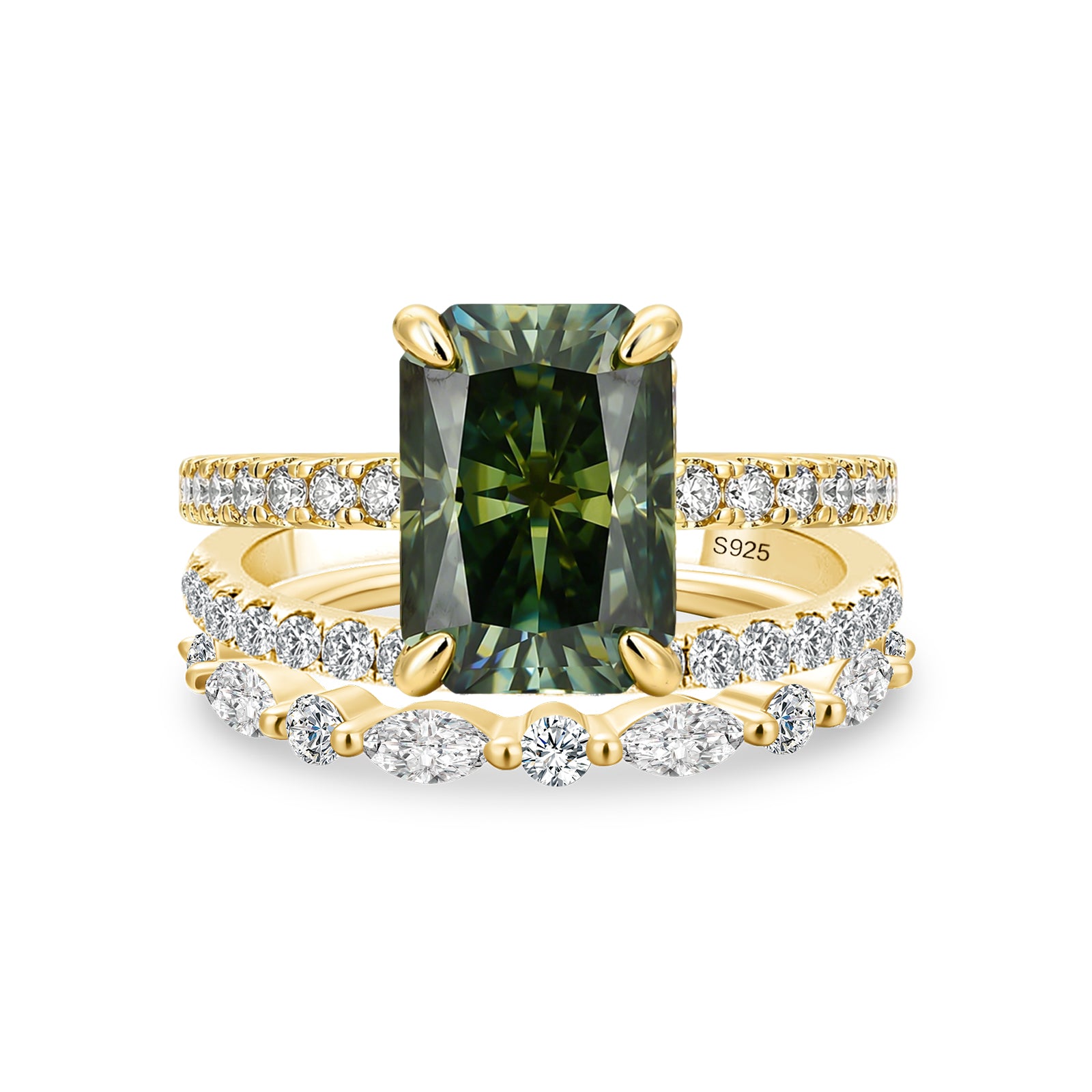 Luna Moissanite 2.5 Ct Radiant Cut Green 3-Pc Wedding Ring Set In Sterling Silver