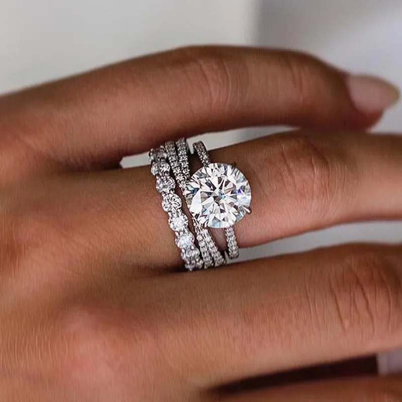 Luna Moissanite 4.0 Ct Round Cut 3-Pc Wedding Ring Set In Sterling Silver