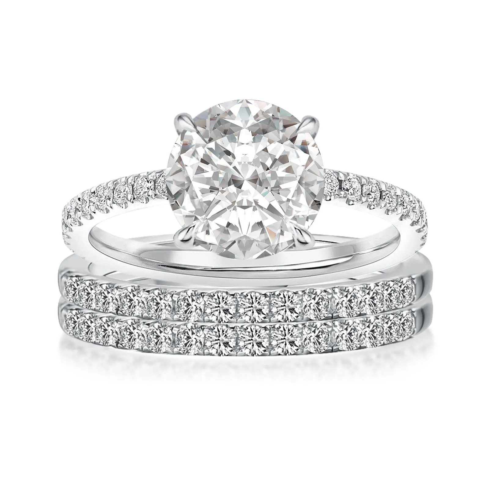 Luna Moissanite 2.0 Ct Round Cut Classic 3-Pc Wedding Ring Set In Sterling Silver