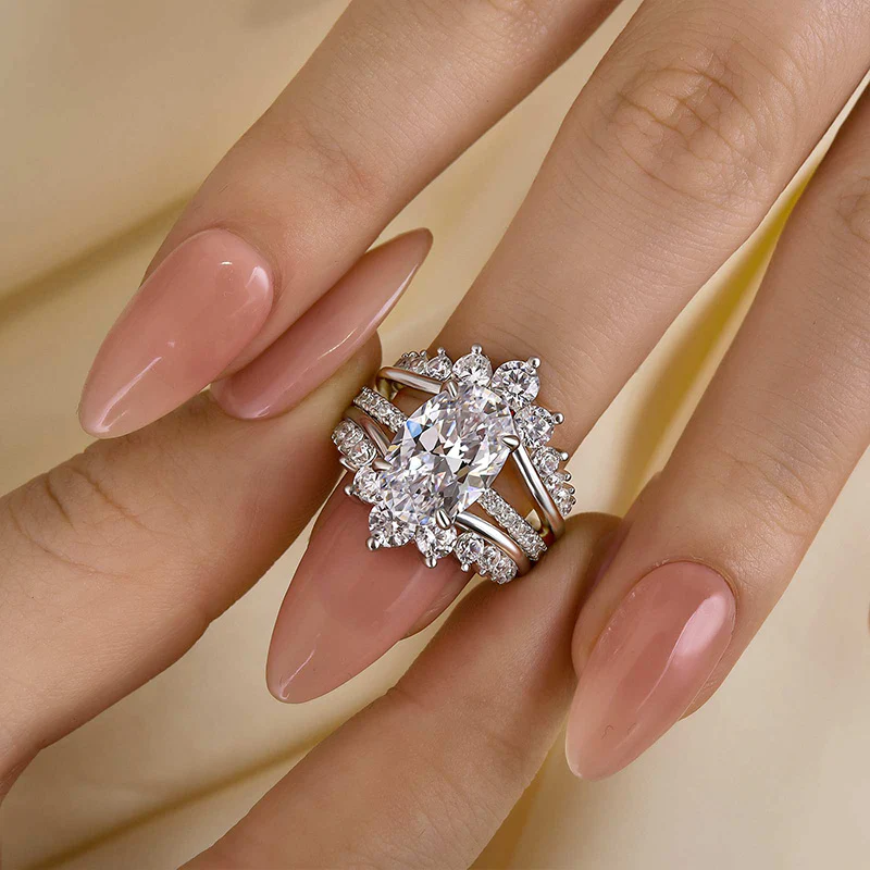 4Ct Oval Cut Insert Wedding Ring Set with Crown Shaped Engagement Ring Enhancer in Sterling Silver