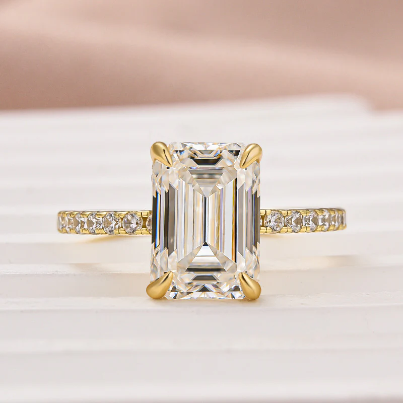 Luna Moissanite 2.0 ～ 4.0 Ct Emerald Cut Hidden Halo Classic Engagement Ring In Sterling Silver