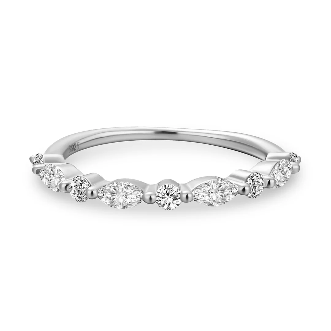 Luna Moissanite Marquise & Round Half Eternity Wedding Band In Sterling Silver