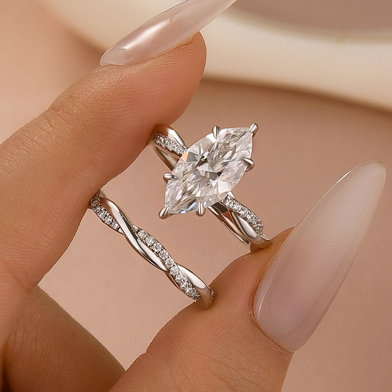Luna Moissanite 2.0 Ct ～ 3.0 Ct Marquise Cut Twist 2-Pc Wedding Ring Set In Sterling Silver
