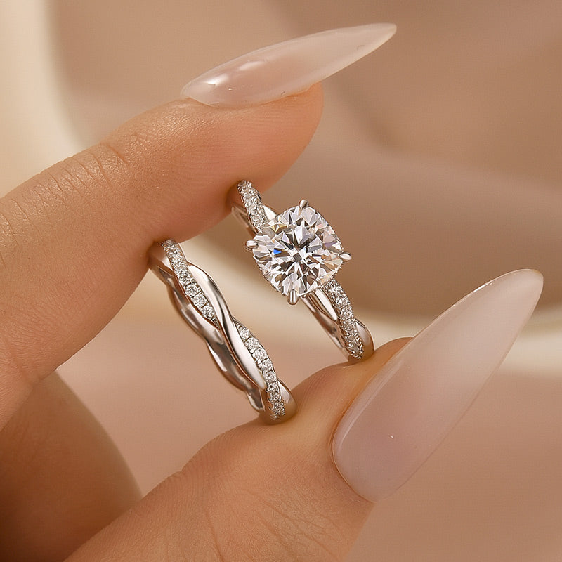 Luna Moissanite 2.0 Ct ～ 5.0 Ct Cushion Cut Twist 2-Pc Wedding Ring Set In Sterling Silver