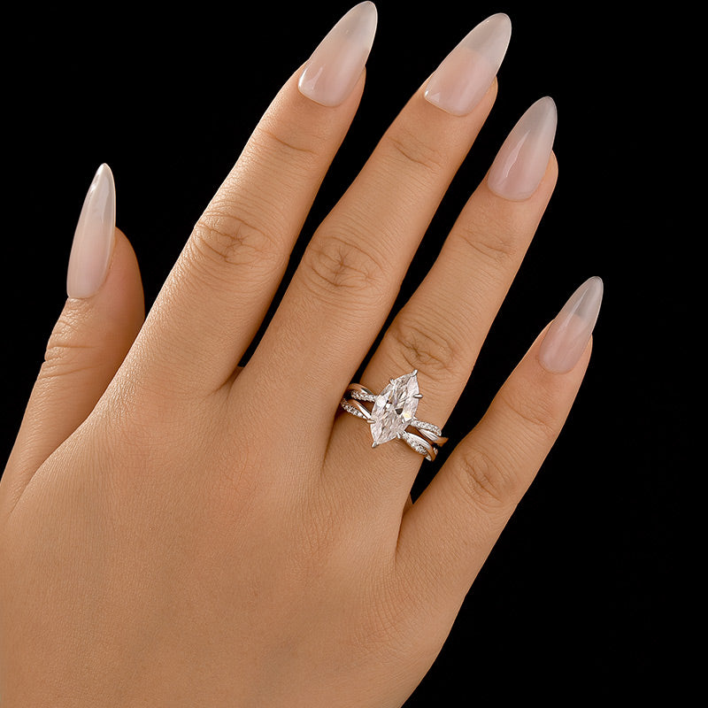 Luna Moissanite 2.0 Ct ～ 3.0 Ct Marquise Cut Twist 2-Pc Wedding Ring Set In Sterling Silver