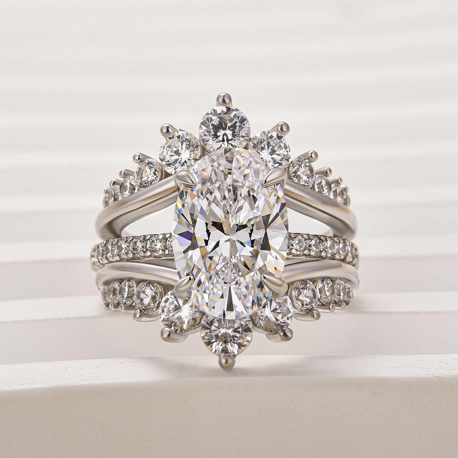 4Ct Oval Cut Insert Wedding Ring Set with Crown Shaped Engagement Ring Enhancer in Sterling Silver