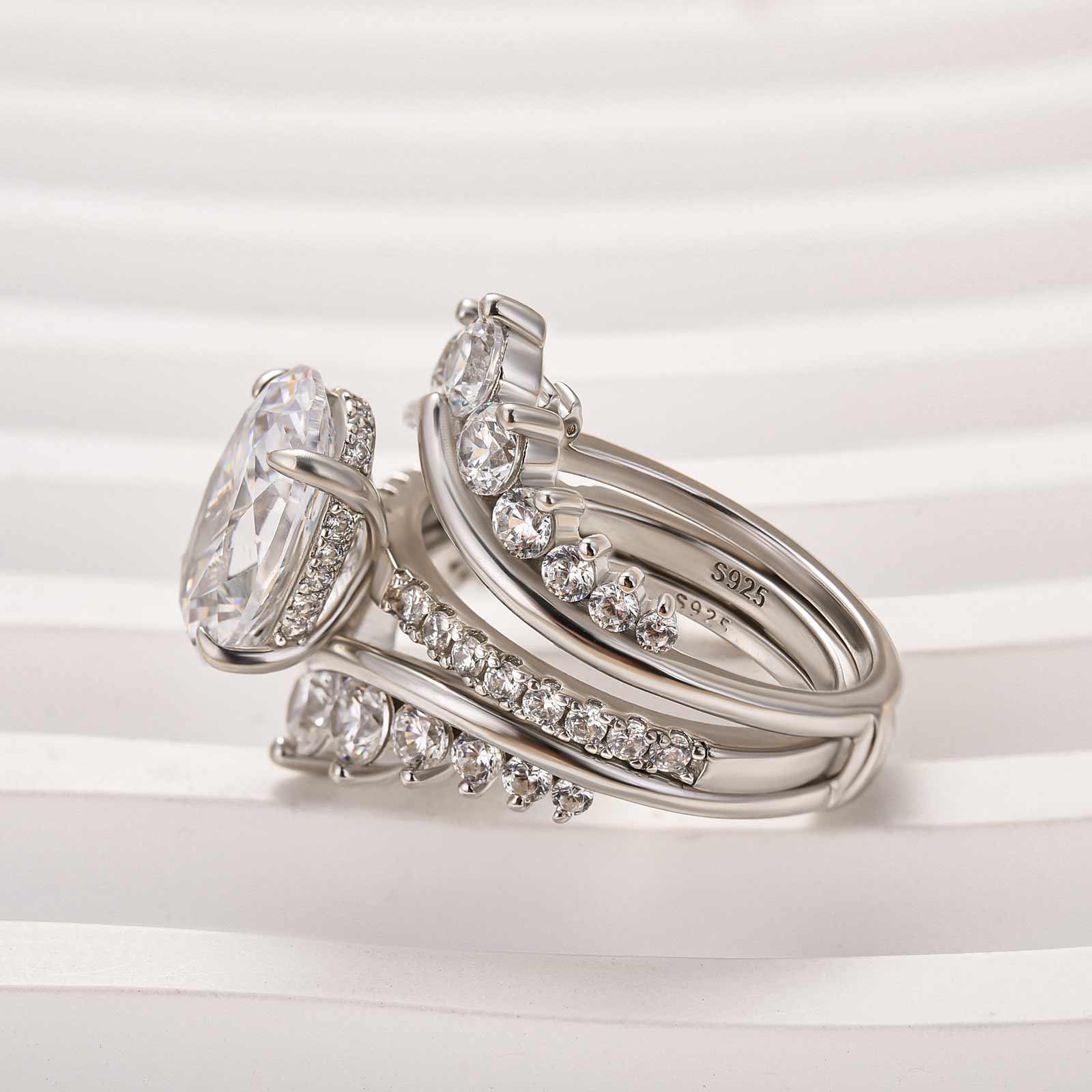 4Ct Oval Cut Insert Wedding Ring Set with Crown Shaped Engagement Ring Enhancer in Sterling Silver