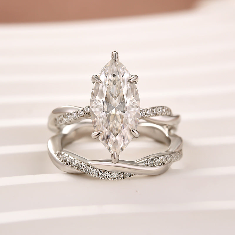 Luna Moissanite 2.0 Ct ～ 3.0 Ct Marquise Cut Twist 2-Pc Wedding Ring Set In Sterling Silver