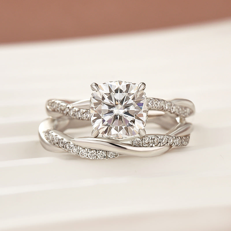 Luna Moissanite 2.0 Ct ～ 5.0 Ct Cushion Cut Twist 2-Pc Wedding Ring Set In Sterling Silver