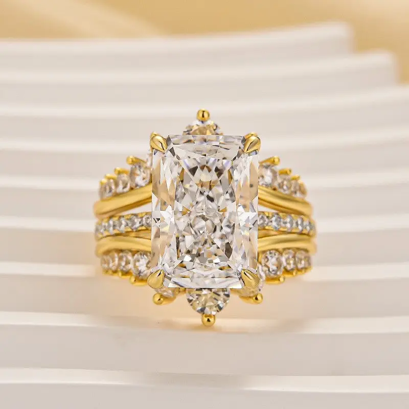 4Ct Radiant Cut Insert Wedding Ring Set with Crown Shaped Engagement Ring Enhancer in Sterling Silver