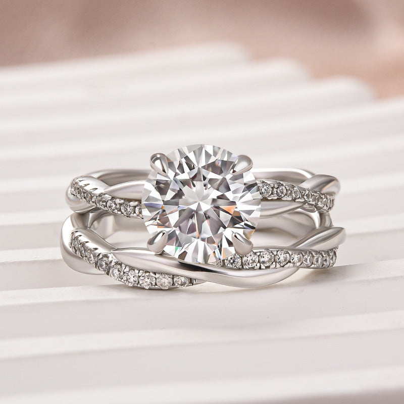 Luna Moissanite 1.0 Ct ～ 6.0 Ct Round Cut Twist 2-Pc Wedding Ring Set In Sterling Silver