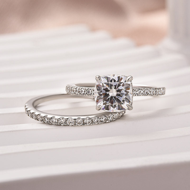 Luna Moissanite 2.0 Ct Cushion Cut Classic 2-Pc Wedding Ring Set In Sterling Silver